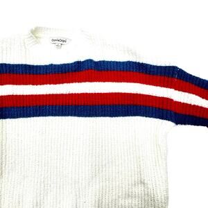 DAVI & DANI | Womens Small Oversized White Knit Pullover Sweater red blue stripe